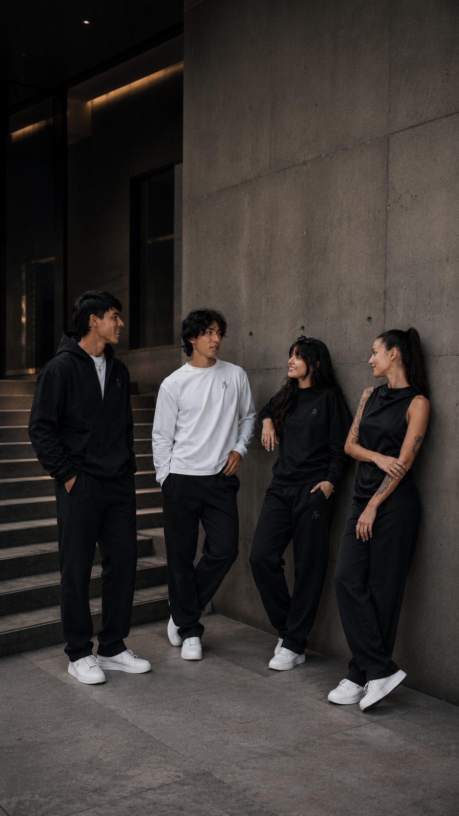Grupo de personas vestidas con Pelikno en entorno urbano contemporáneo