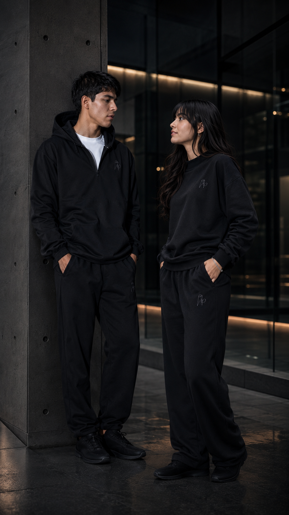 Hombre y mujer vestidos con Pelikno en espacio arquitectónico contemporáneo